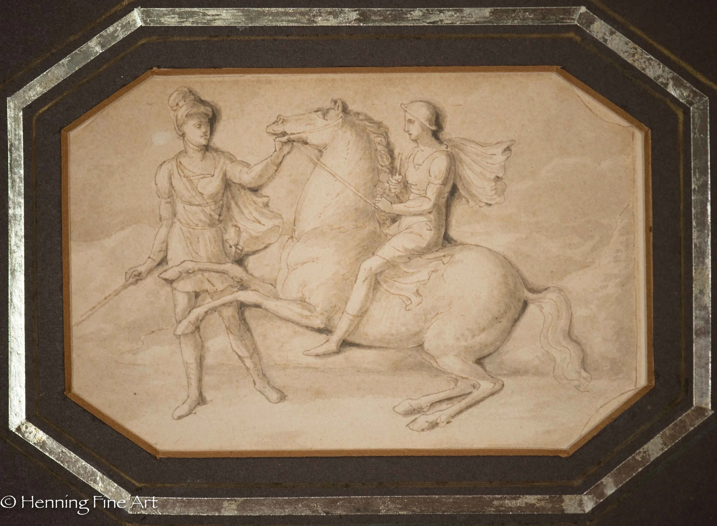 Old Master Style Drawing Two Men & Horse