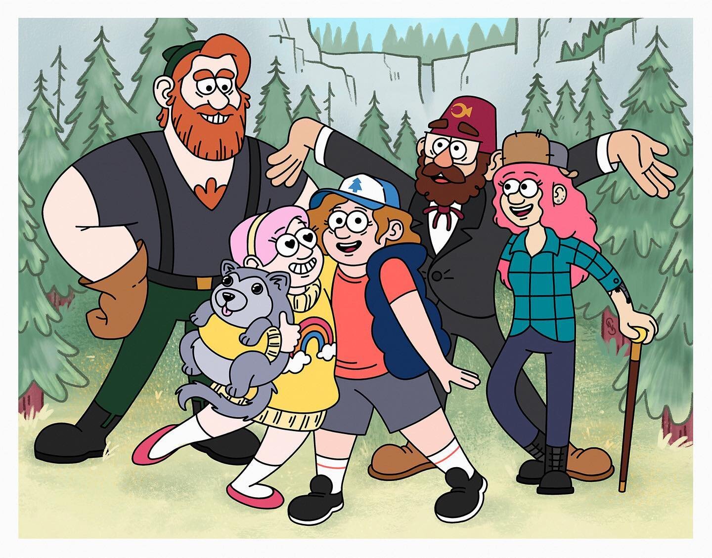 One of my best friends had a birthday yesterday and the lumberjack in the picture commissioned me to draw our group as Gravity Falls characters. This was a fun exercise in cartooning (and the gift was very well received). Happy birthday, Melissa! 🥰
