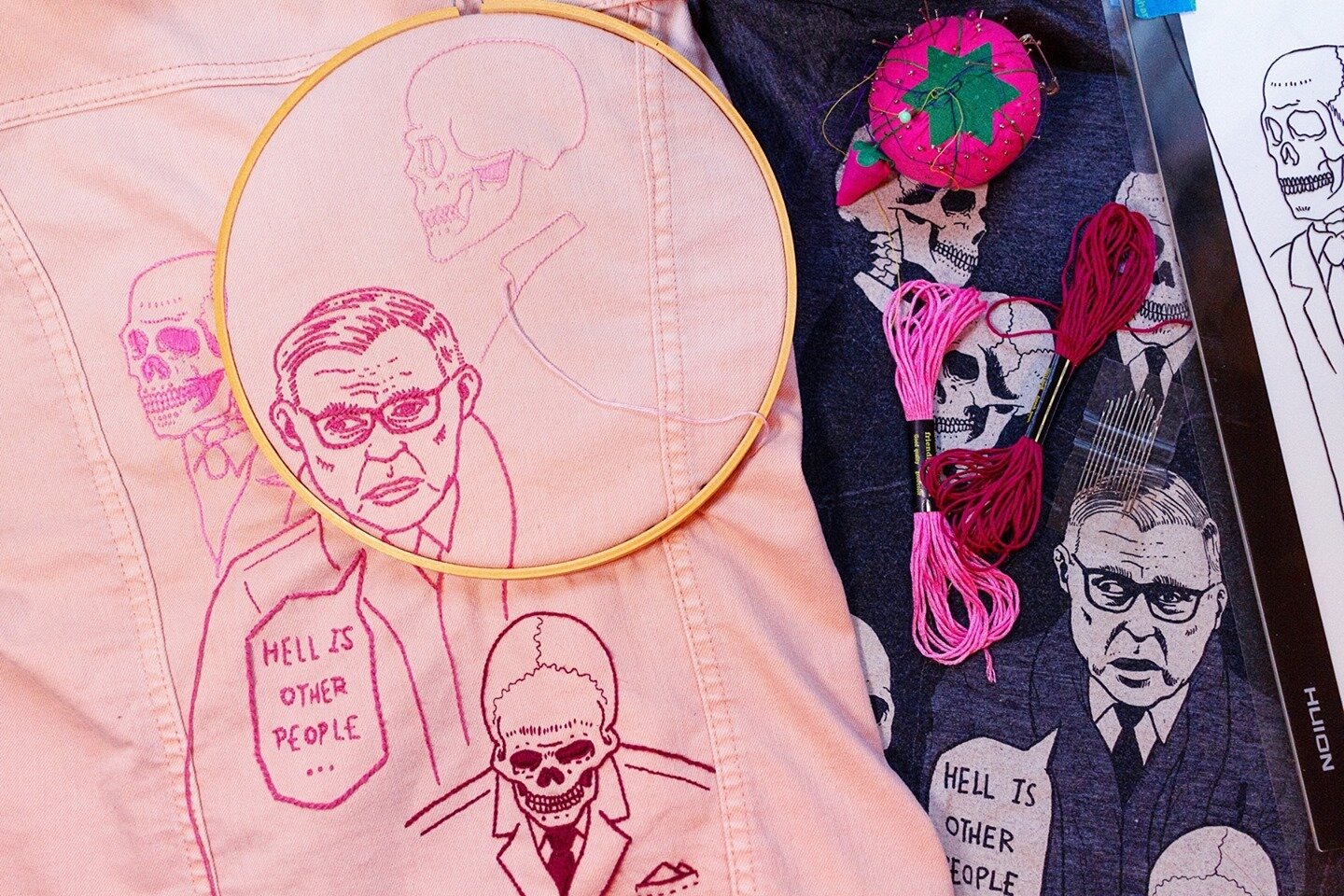 #Workinprogress: Sometimes, you want a back patch on your pink denim jacket, but you don't want to cut up your favorite no-longer-printed Sartre shirt. (Miss you, #milestogoclothing)