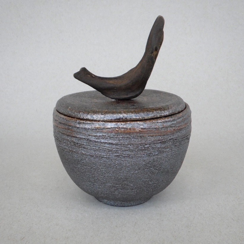  lidded container with driftwood handle, soda fired 