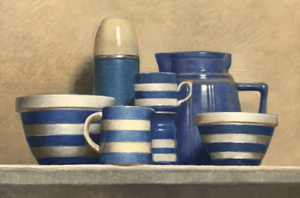 Alison Mitchell 'Ensemble in Blue White Yellow' Oil on board