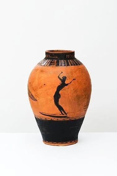 Image: Gerry Wedd, Gram Jar, Coil built terracotta, coloured slip decoration 1120°, 640x430mm. Photo:Andrew Cowen