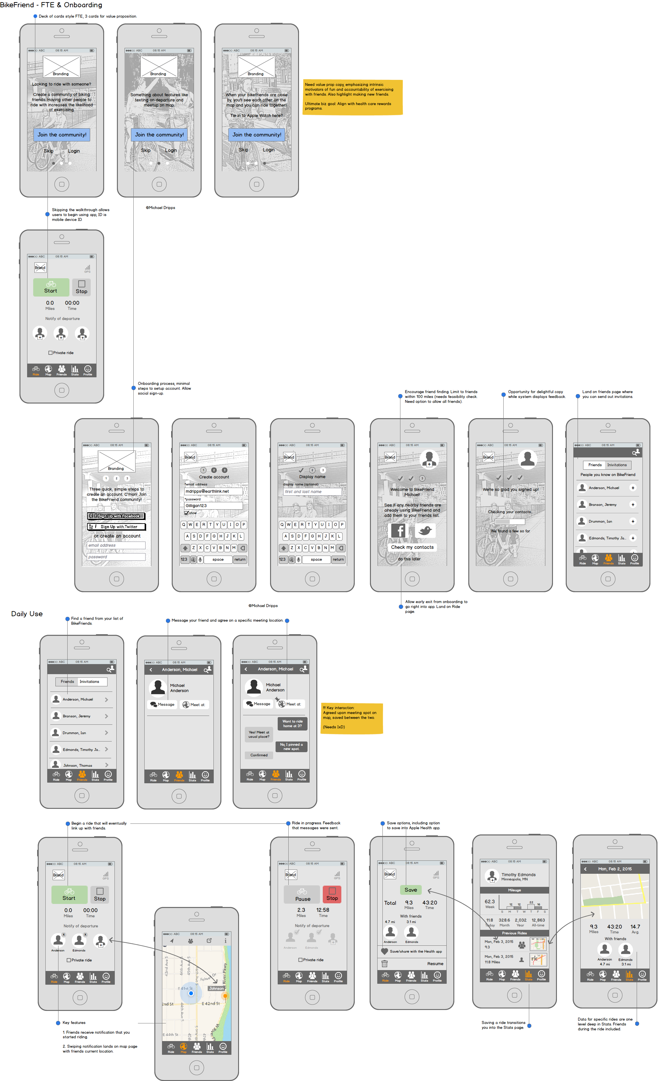 Wireframe screenflows of a mobile app onboarding process. 