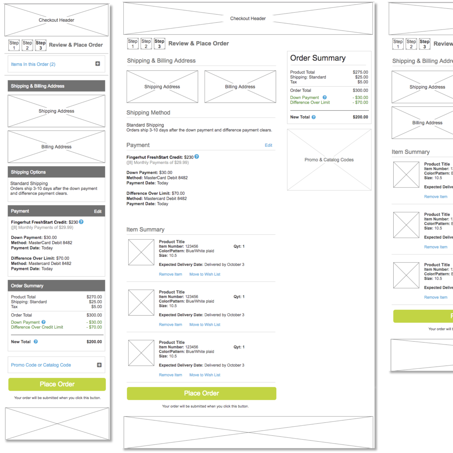 Wireframe images of a checkout design for Fingerhut, for desktop, tablet and mobile.