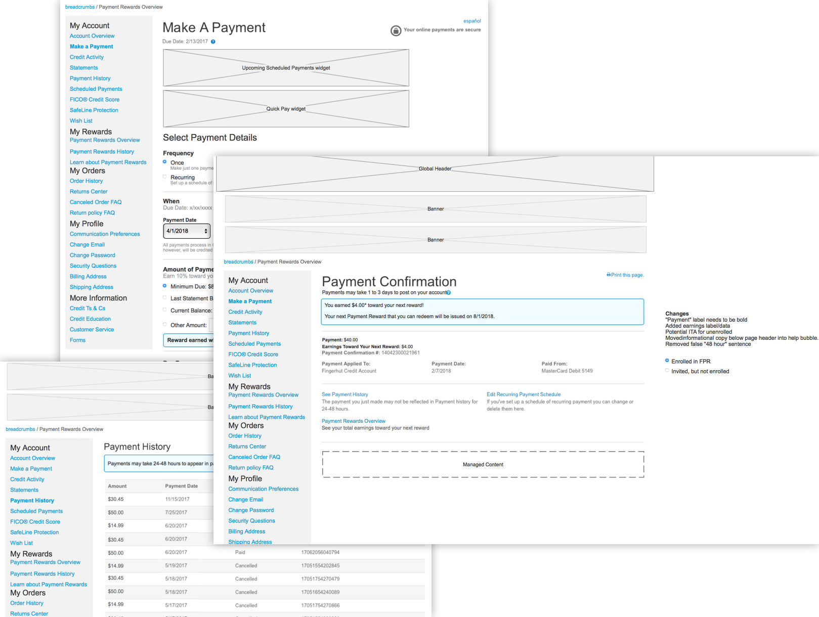 Wireframe designs for Fingerhut Payment Rewards in Checkout, for desktop, tablet and mobile. 