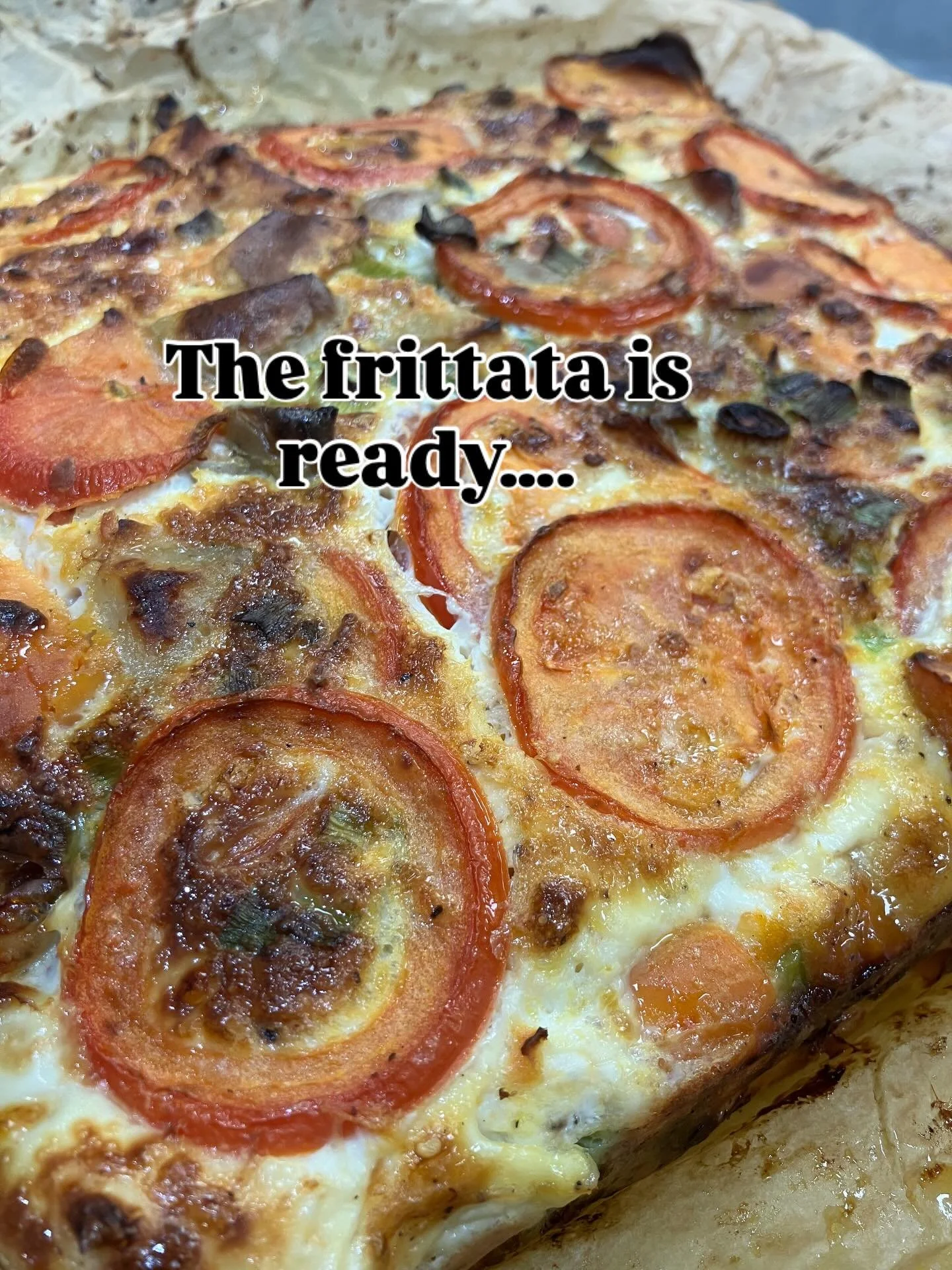 The Frittata is ready and out of the oven.

Today&rsquo;s offering is Garlic Roasted Potato and Sweet Potato, Vine Ripened Tomatoes and Feta.

It&rsquo;s waiting for you in the hot counter!