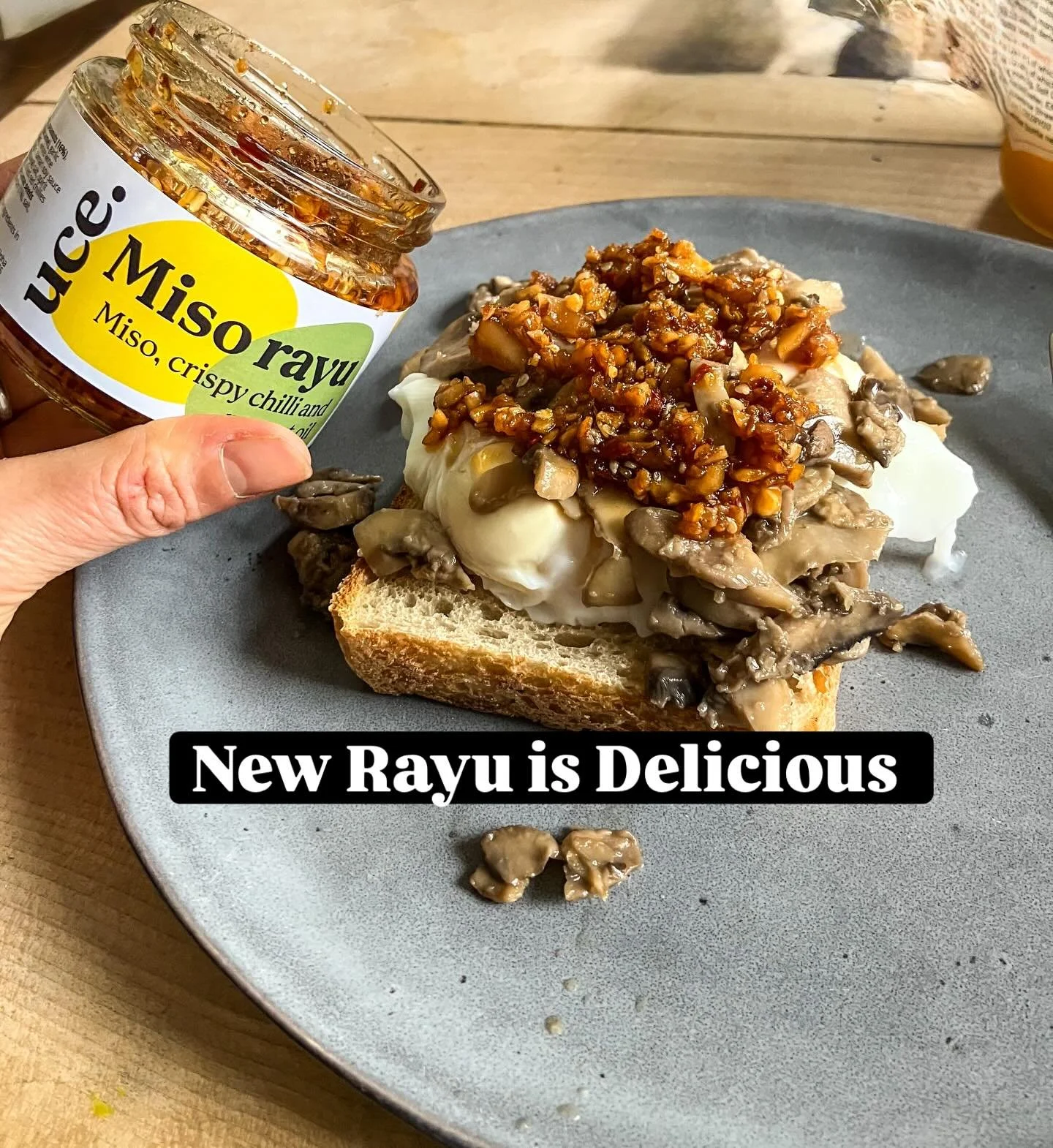 My poached eggs have had a minor shake up&hellip;&hellip;got the usual white sourdough from @applepieambleside (love it!) a bunch of garlic mushrooms and then this new Miso Rayu from @uce.rayu! Soooooo good you guys! 

What&rsquo;s next for my poache