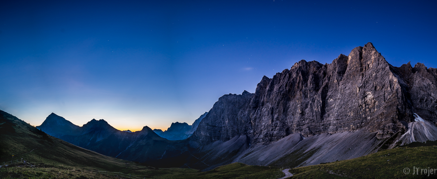 Took this panorama shot just before sunrise from the hut - 4 images stitched in Lightroom CC. Taken with the Samyang 14mm lens.
