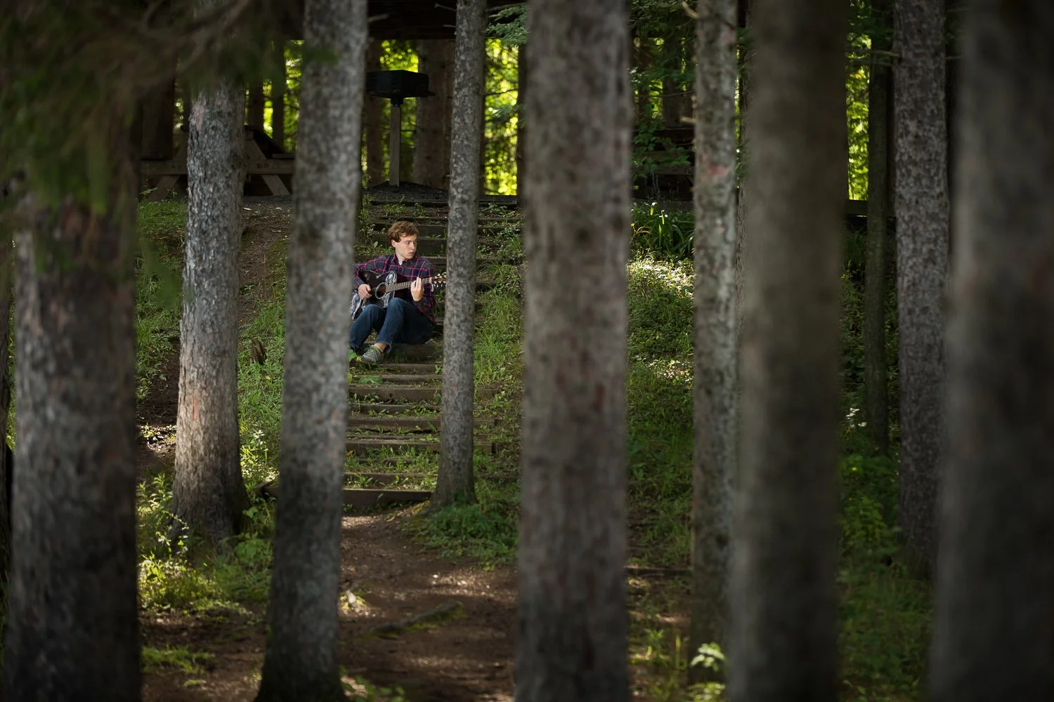 A senior picture of a boy with with curly hair, wearing a plaid shirt and jeans, sitting on steps in a forest playing an acoustic guitar.