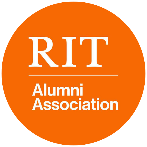 RIT Alumni Association logo featuring an orange circle with white text.