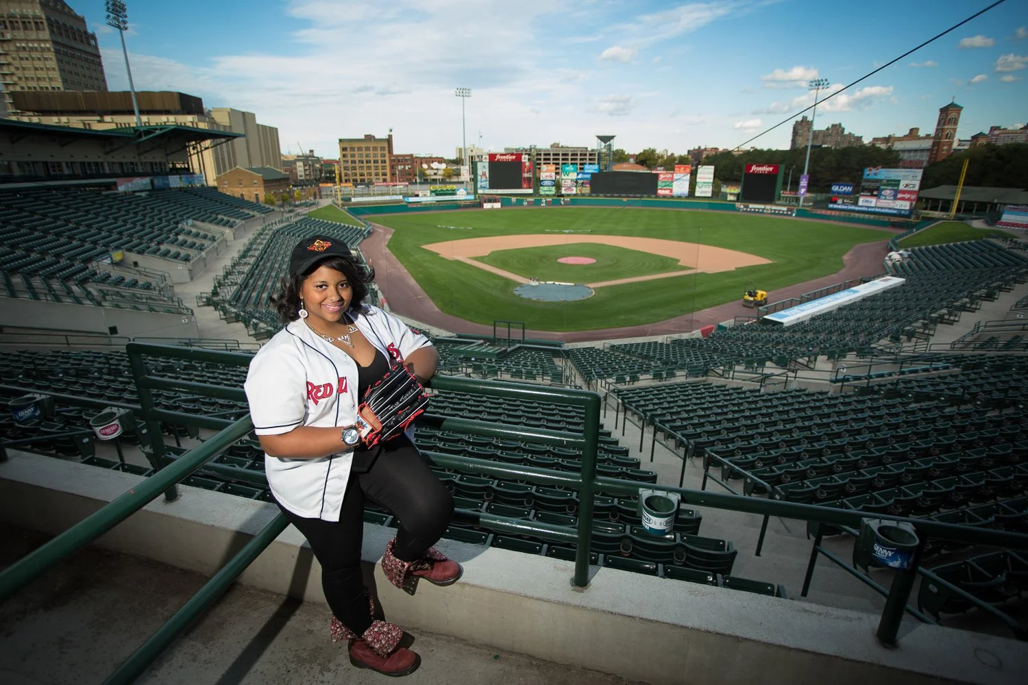 Senior photo session in downtown Rochester NY at Red Wings baseball field
