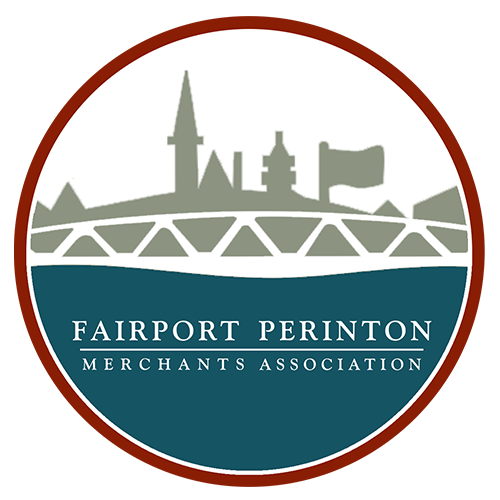 Logo of Fairport Perinton Merchants Association featuring city skyline, bridge, and flag.