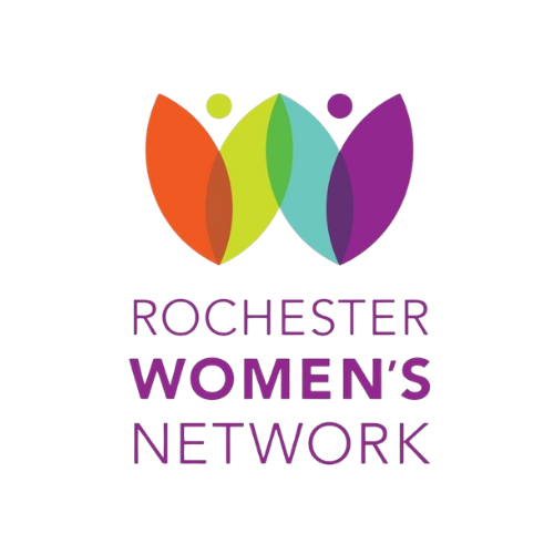 Colorful logo of the Rochester Women's Network with abstract floral design and purple text.