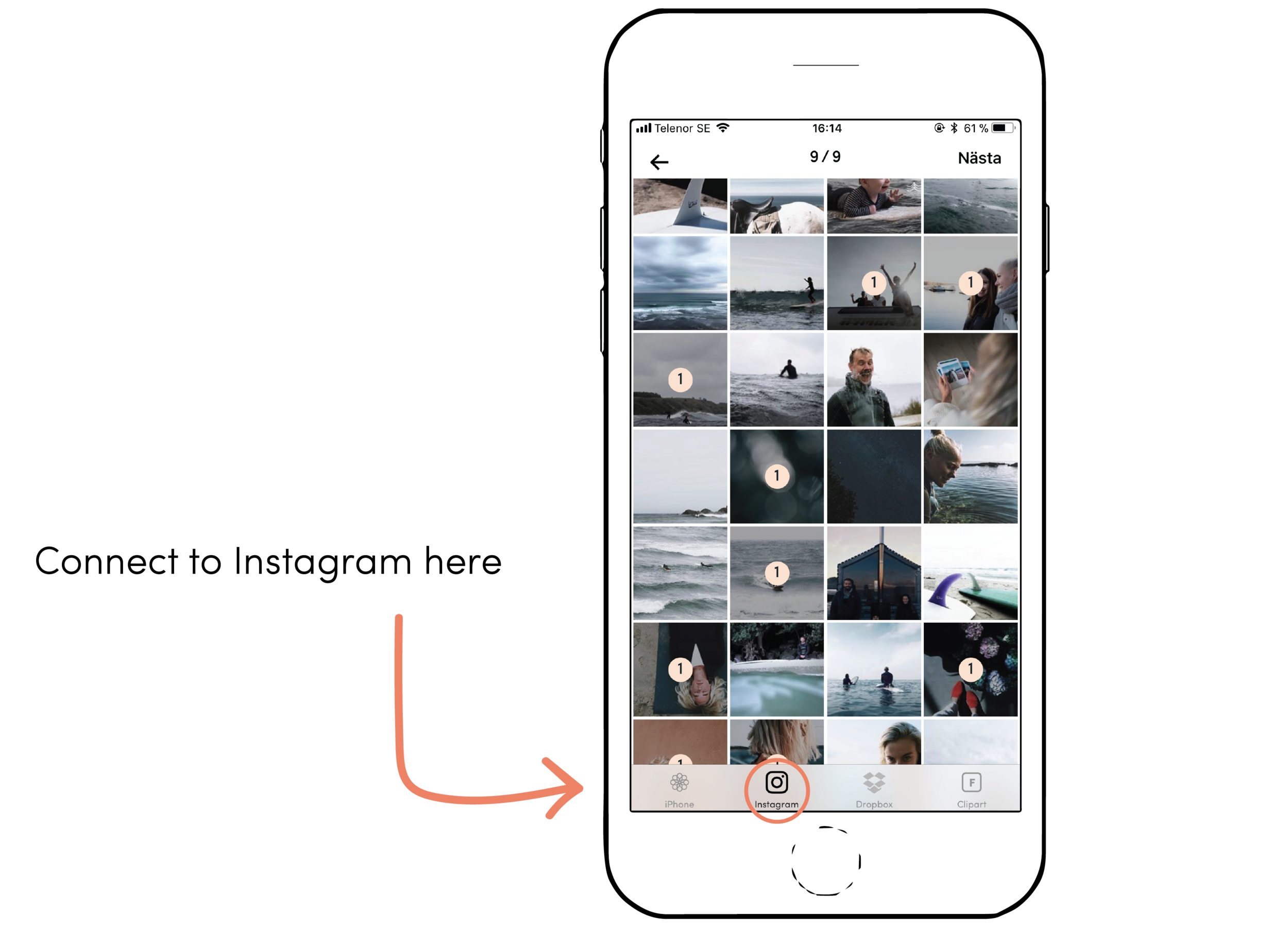 Simply connect to your Instagram in our app and you can choose directly from it when creating.