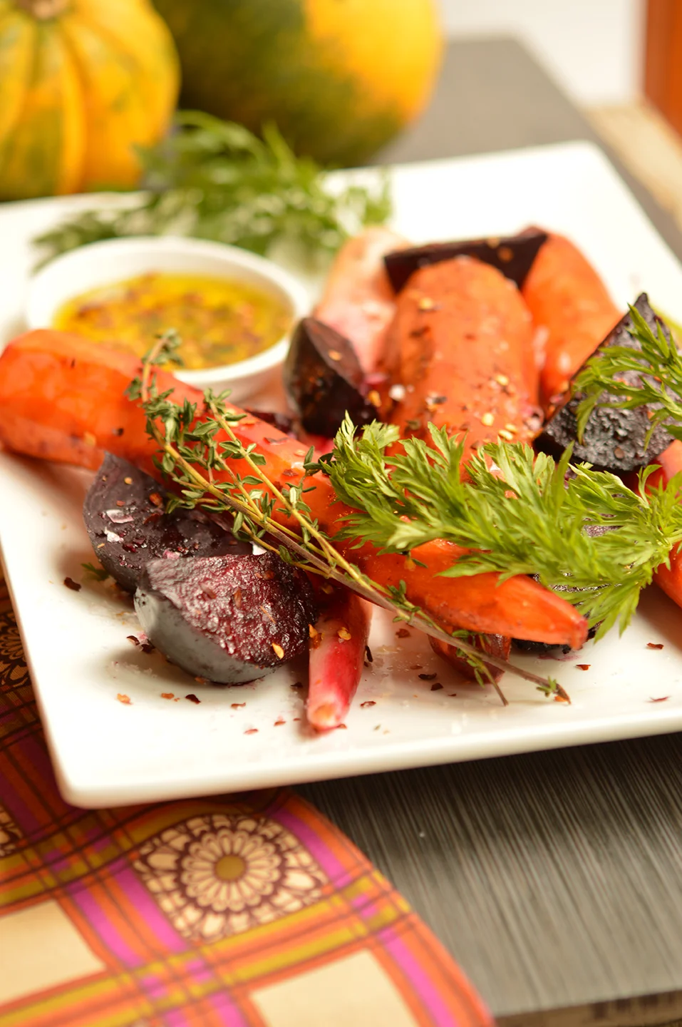 Roasted carrots and beets with nutmeg, garlic and red pepper flakes