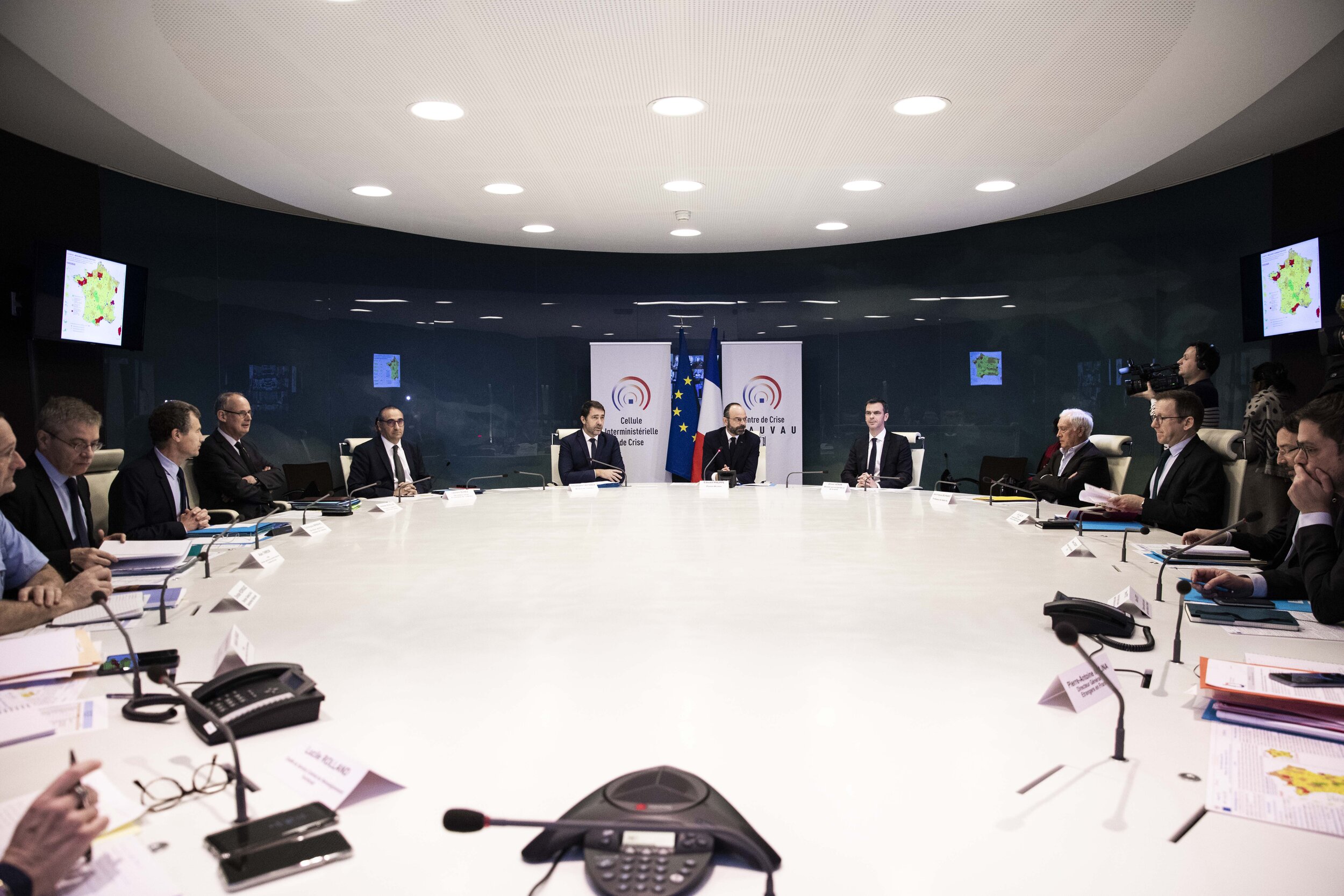   © Alexis Sciard / IP3; Paris, France, March 13, 2020 - The Prime Minister Edouard Philippe, Minister for Health Olivier Veran and President of the Scientific Council Jean Francois Delfraissy are received by the Interior Minister Christophe Castaner