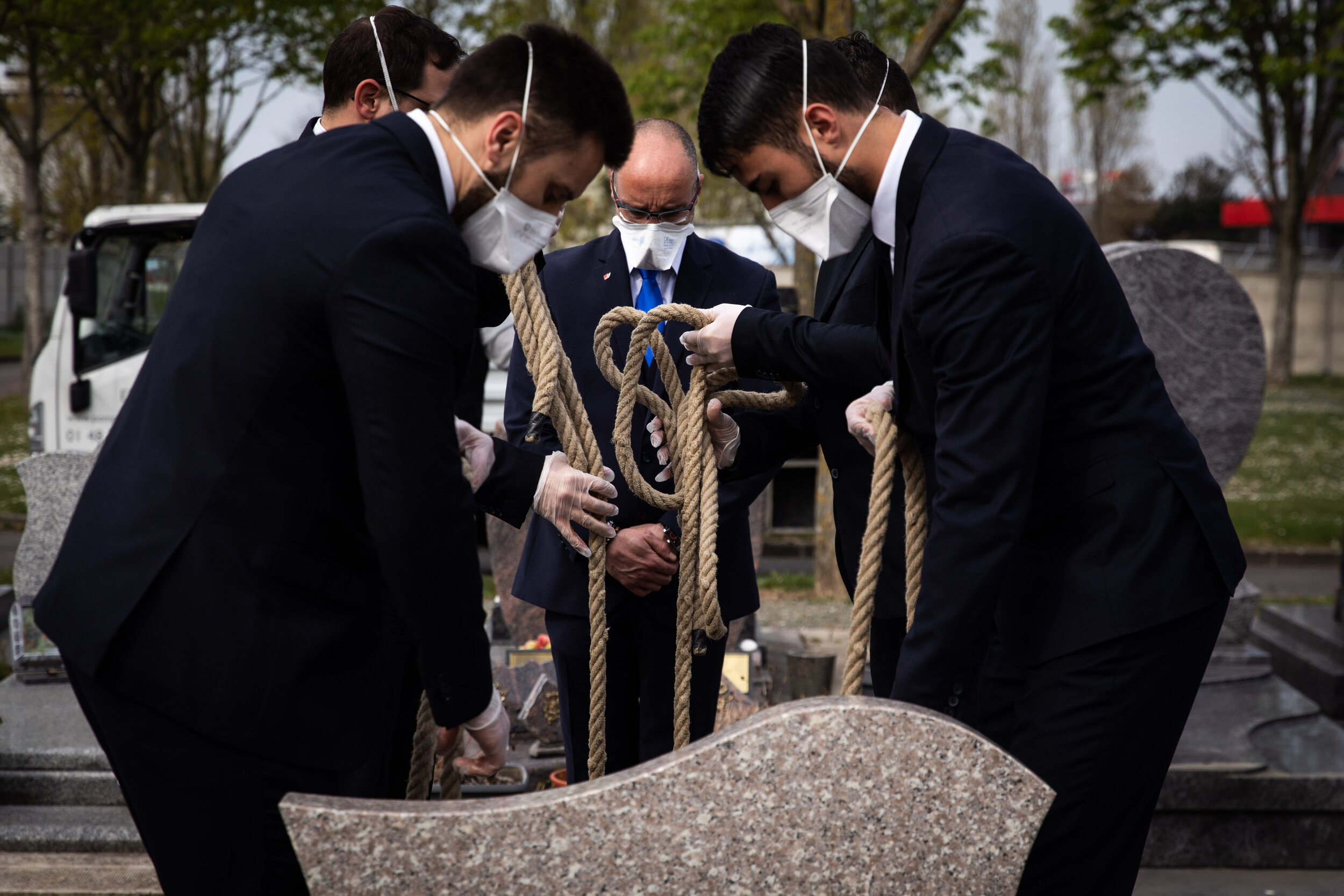   © Alexis Sciard / IP3; Paris, France, April 7, 2020  - Report inside the Santilly Funeral Home, which is currently facing the Coronavirus epidemic (Covid-19) - Burial at the Blanc-Mesnil cemetery of a Coronavirus victim in the presence of only two 