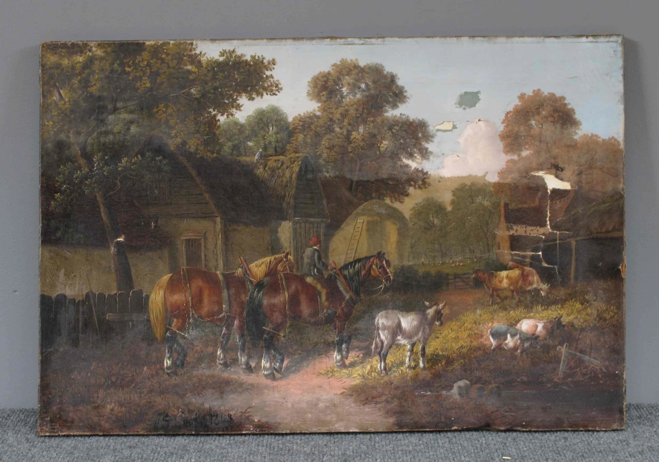 Farm Scene With Horses and Donkey , unsigned