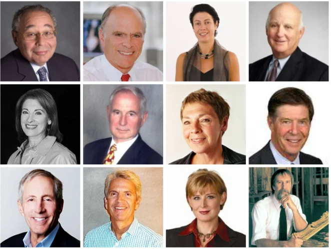 Left to Right, top row: Norman Bobins, Marshall Field V, Christiane Fischer, Robert Glick 2nd row: Helyn Goldenberg, Jack Guthman, Marilyn Katz, William Lear 3rd row: David W. Ruttenberg, Ralph Senst, Diane Swonk, Founder Barry Bauman