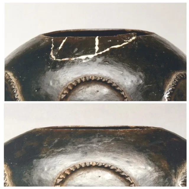 A "do-it-yourself treatment" using Gorilla Glue on an antique ceramic (top); and post-treatment (bottom)