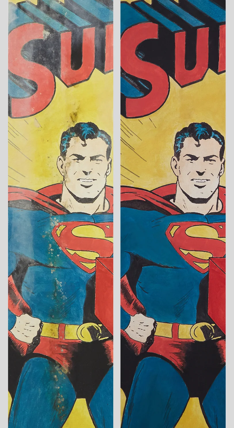 On the left, the mold and water staining is evident pre-treatment. On the right, the staining is almost undetectable after inpainting. 
