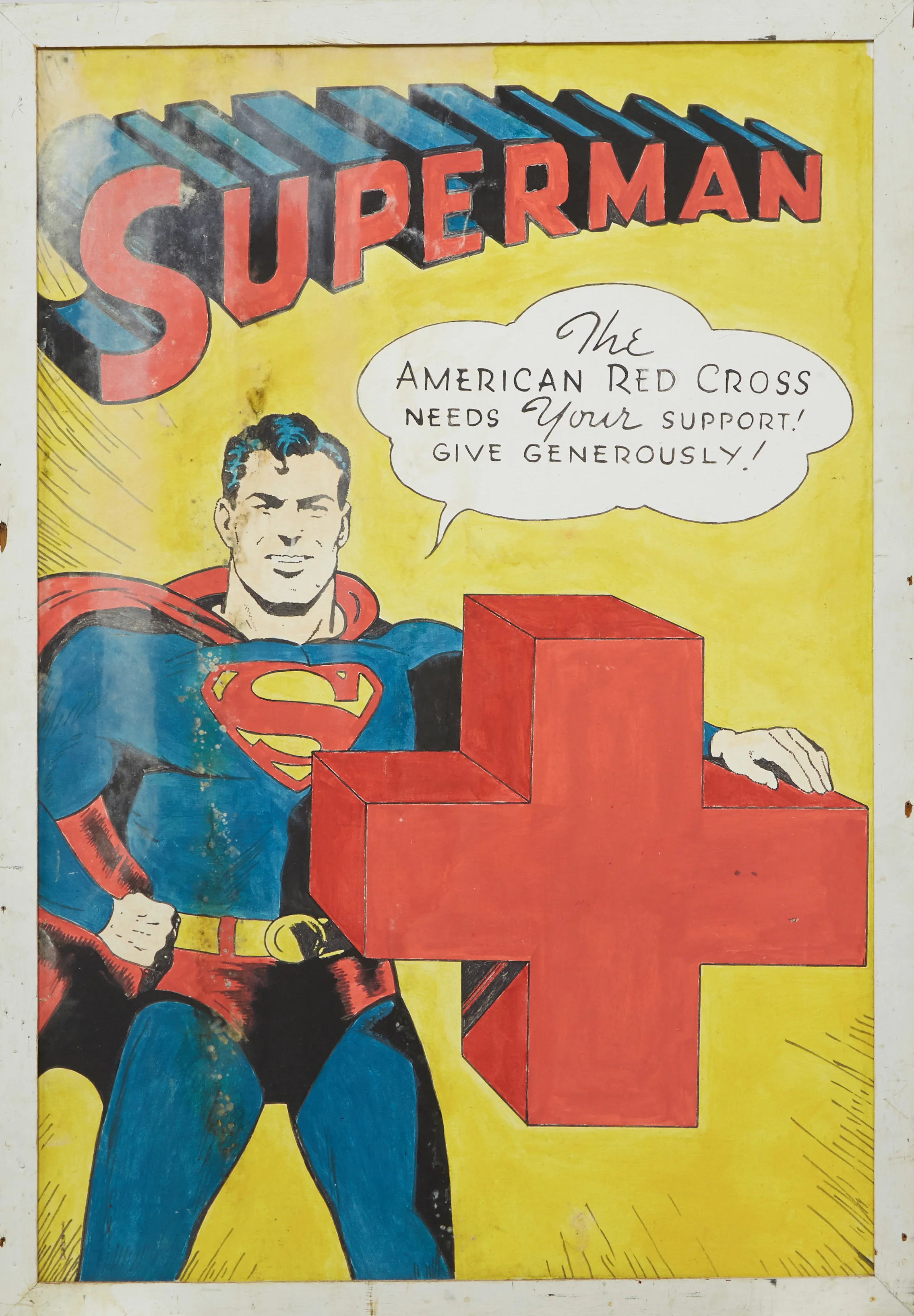 Found in a basement, the owner knows little about the origins of this unsigned painting of Superman featuring The American Red Cross logo. 