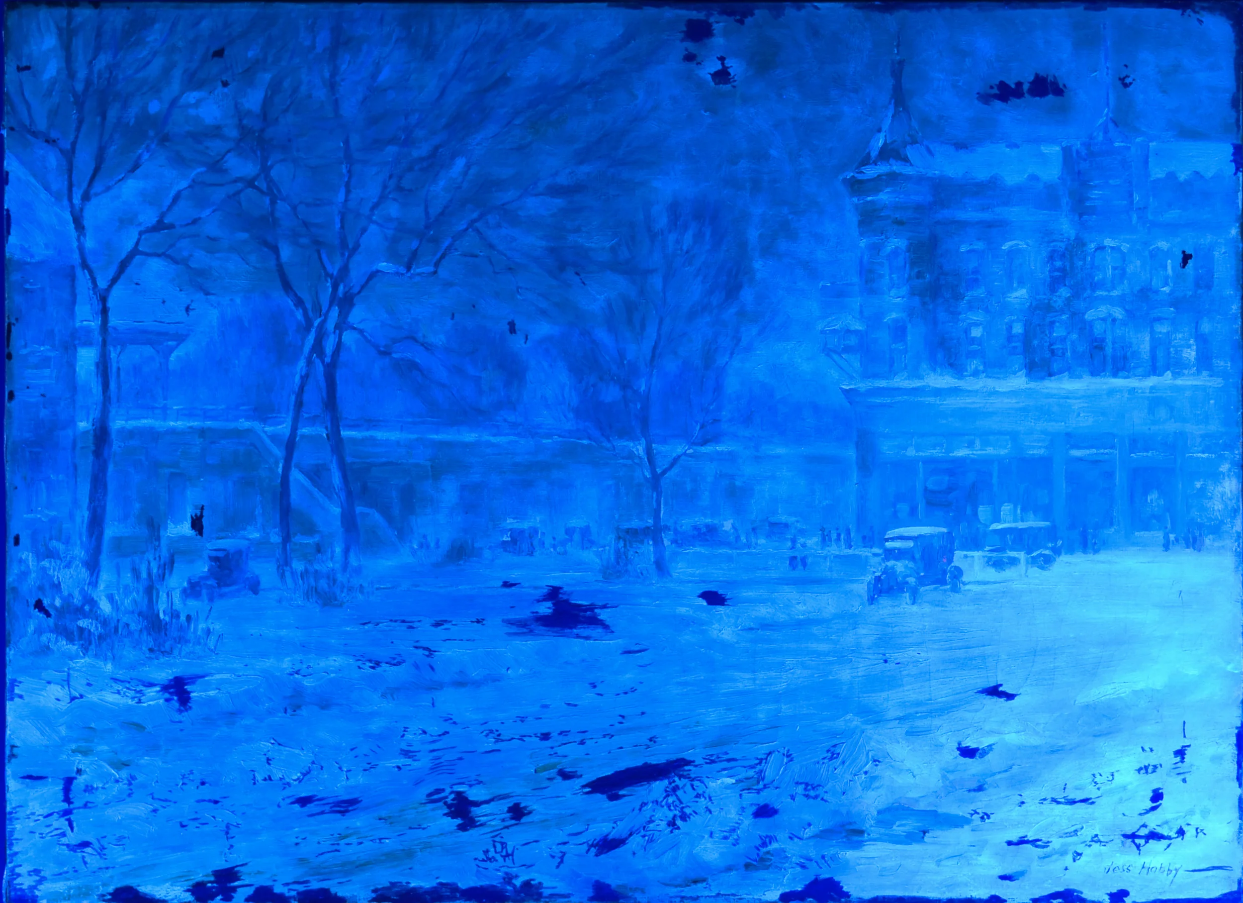 Invisible to the naked eye, examination of the painting under blacklight will reveal the work preformed by conservator Amber Smith. 