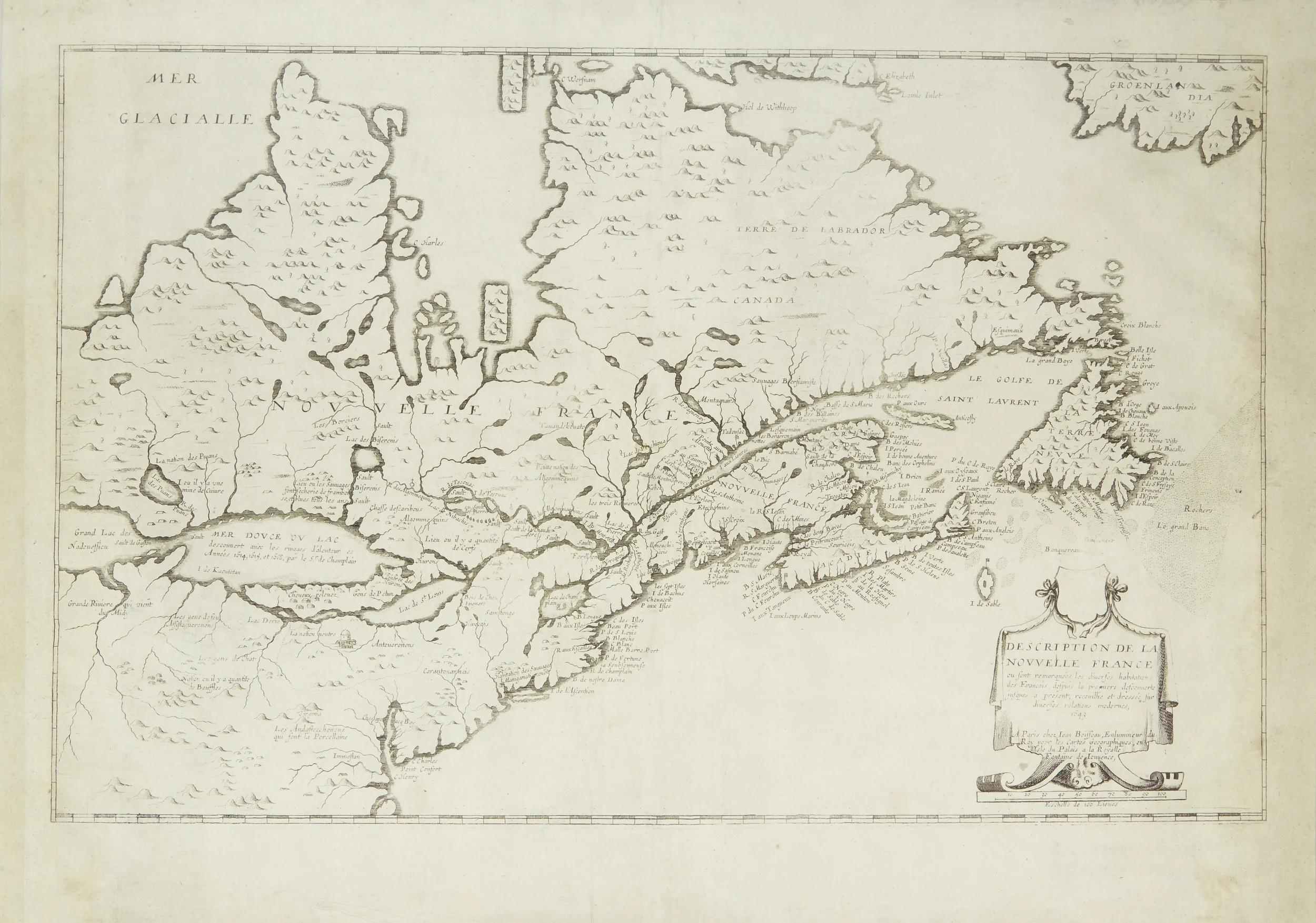 Shown before framing, this 1643 map of the Great Lakes by Jean Boisseau identifies the lakes in French: Lac St. Louis (Ontario), Lac Derie (Erie), Mer Douce ou Lac (Huron), Grand Lac (Superior), and Lac des Puans (Michigan).