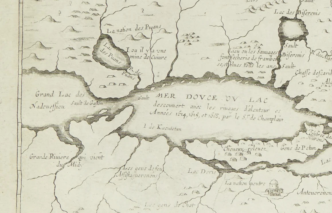 One of Greg’s favorite nuances of collecting maps? The inconsistencies or mistakes. “This map shows Lake Michigan (Lac des Puans) above Lake Superior. A look at a current map shows there is a body of water at this location (probably Lake of the Woods) however either through bad information or a desire to sell and market his map Boisseau placed this name at this location.”