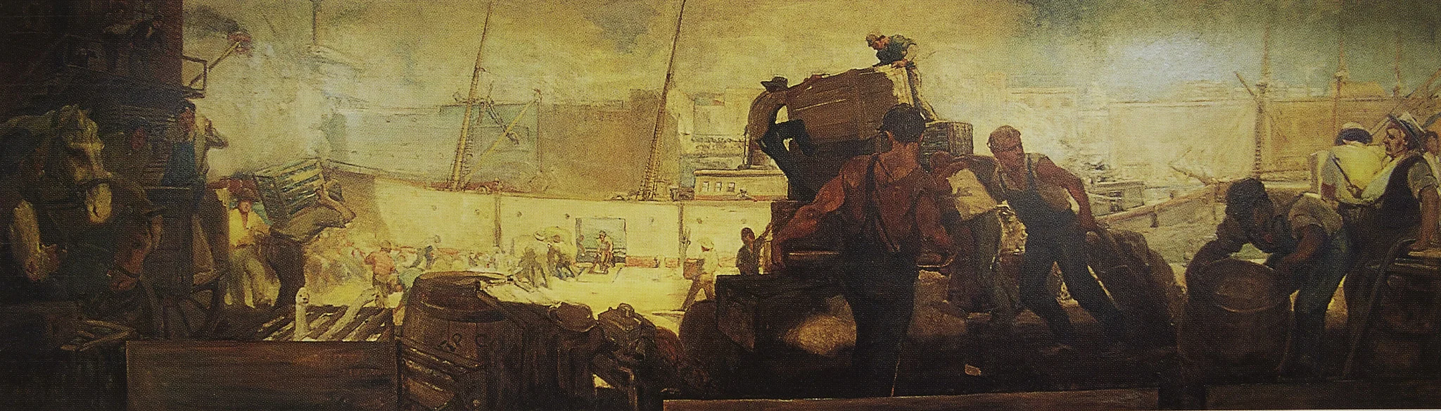 William E. Scott Dock Scene, 1909. Oil on canvas, 5’ x 18’.