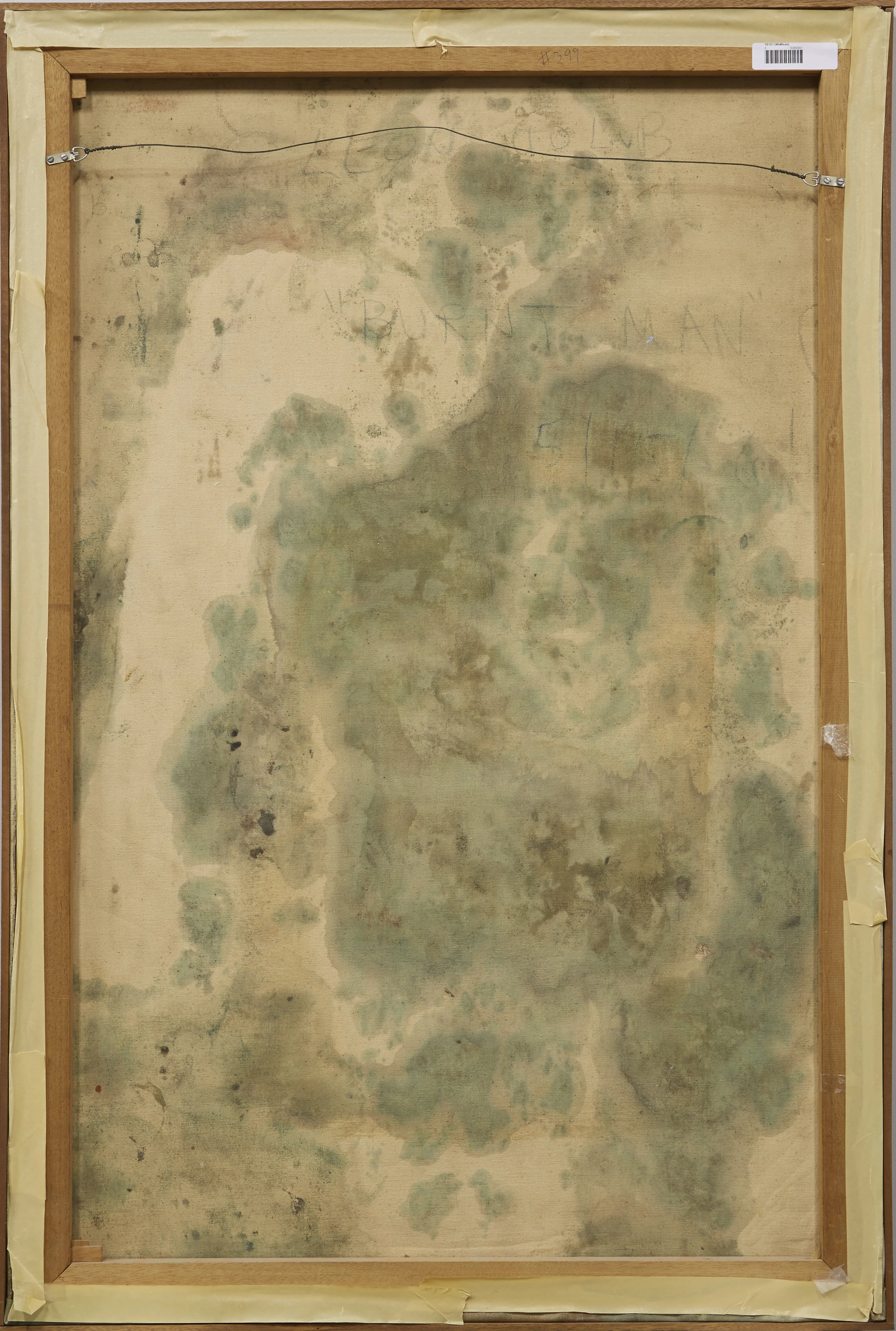 Verso of Burnt Man by Leon Golub, showing the unprimed canvas' absorption of the paint. 