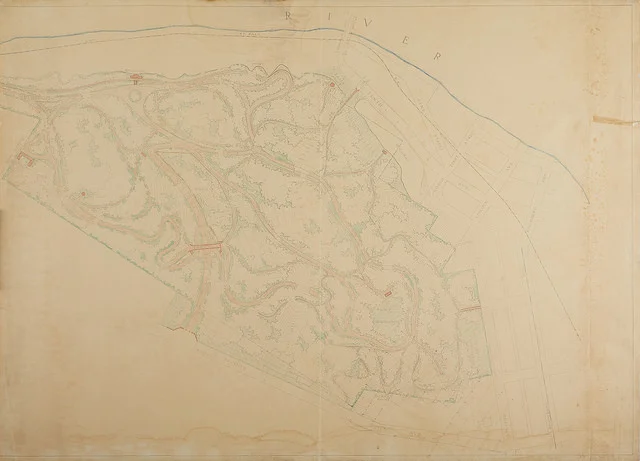 " Eagle Point Park: Topographic Drawing - Preliminary Park Plan" Colored Pencil on Blue Line Print