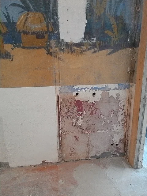 Extensive damage to the plaster on the west wall