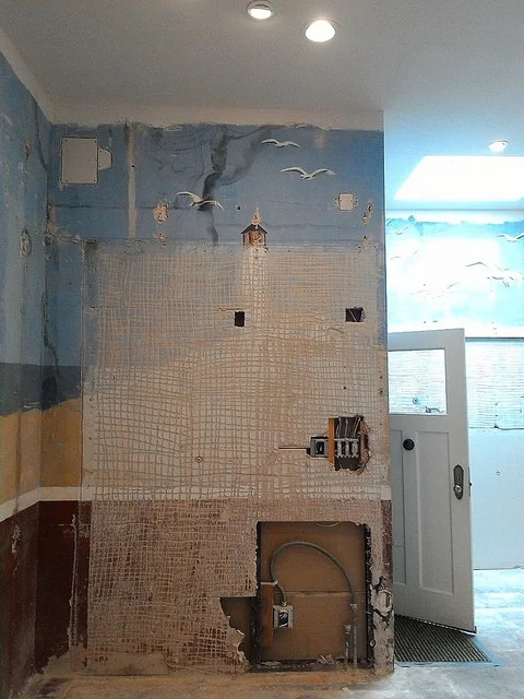 The south wall showing the deeply inscribed grid pattern