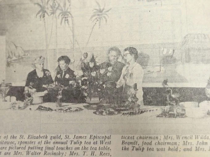 Coverage of the annual Tulip Tea, showing Bentley's mural, Herald Times Reporter, 1951