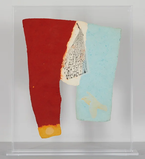 Rauschenberg intended pieces like this to be displayed in vitrines as ‘specimens,’ mimicking natural history displays. The original vitrine was cracked and yellowed. We replaced it with higher-grade UV-protective acrylic.