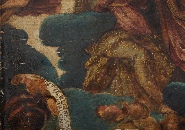 Detail depicting areas of paint loss.