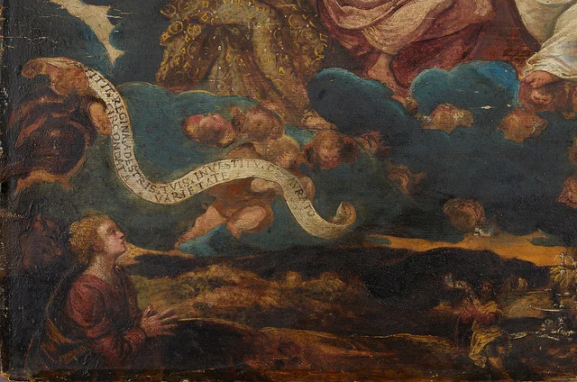 Detail of donor kneeling in the lower left corner, before treatment.