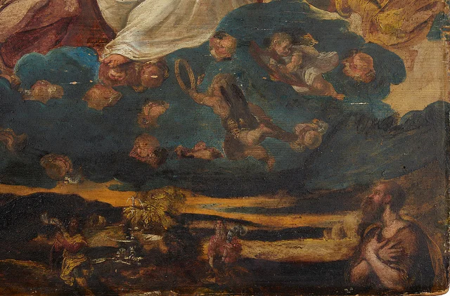 Detail of donor kneeling in the lower right corner, before treatment.
