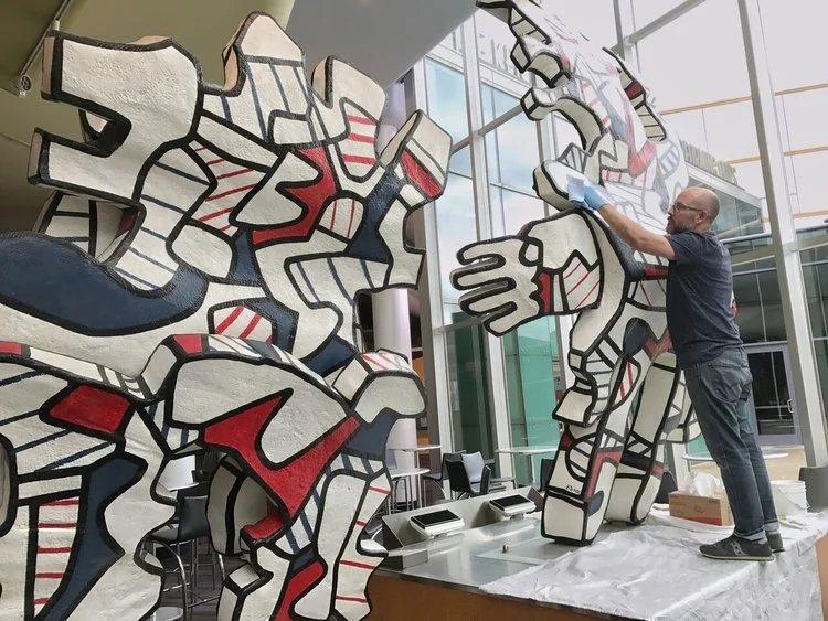 Conservators from The Center working on Dubuffet’s Faribolus and Perceval at The Kentucky Center, 2017