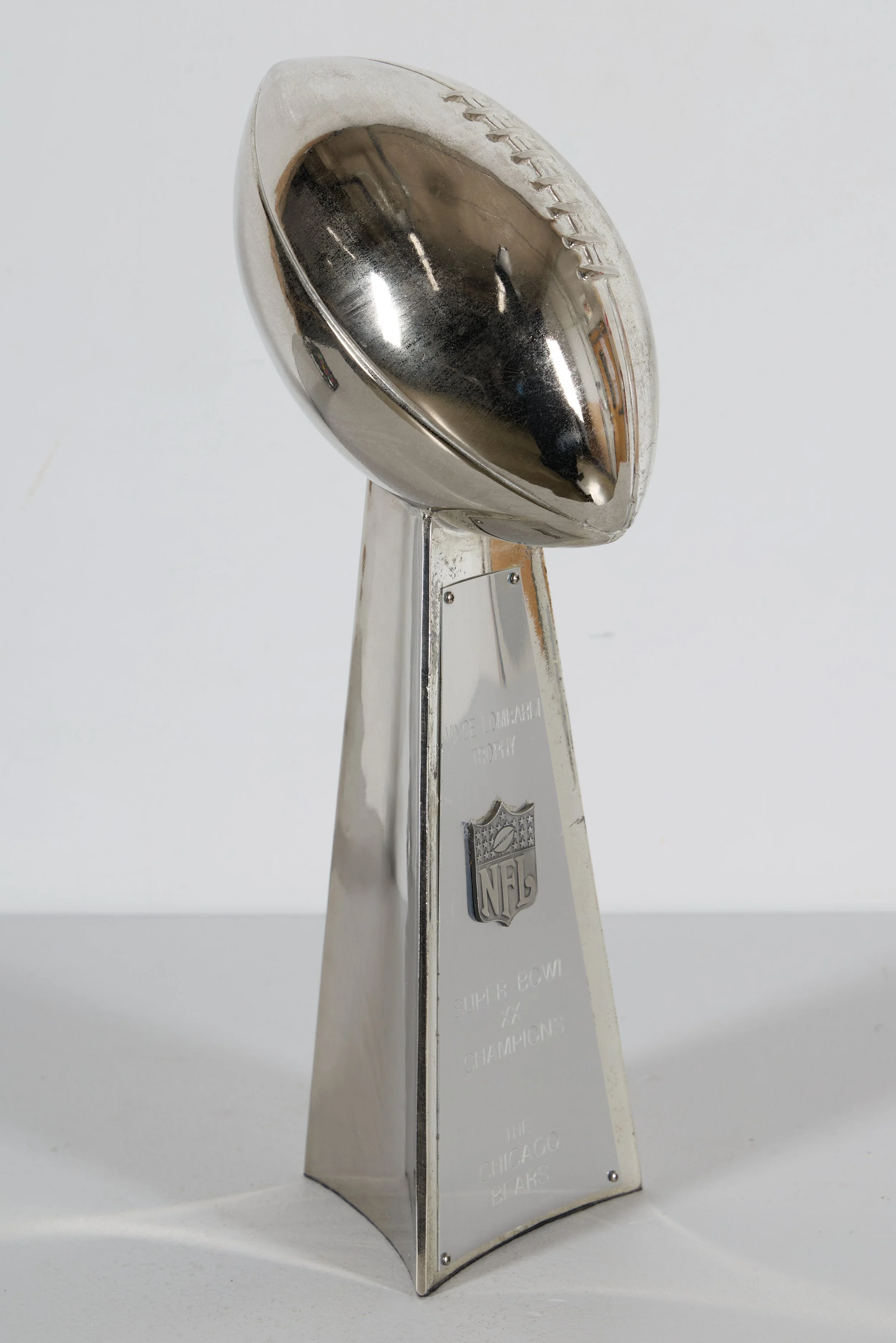 Detail of sterling silver football on Vince Lombardi Trophy
