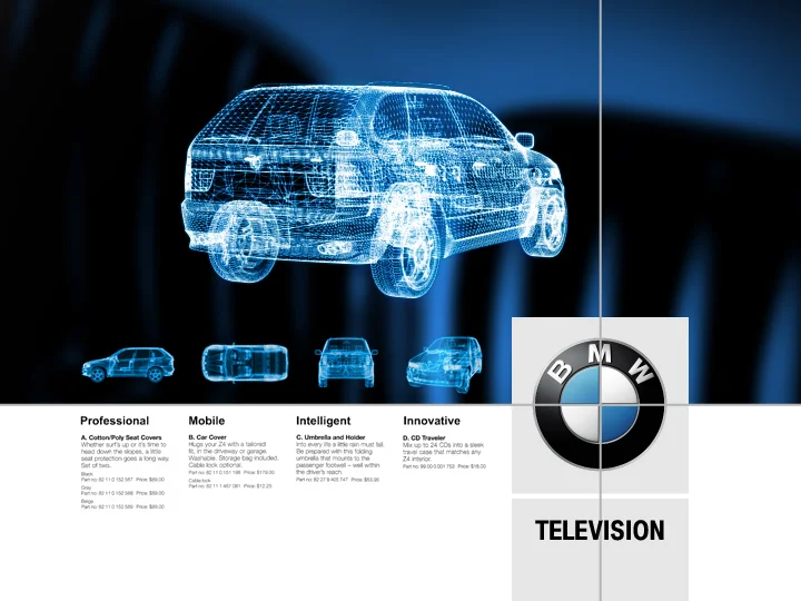 BMW TV brand system, a wireframe BMW SUV with the BMW roundel and brand guidelines