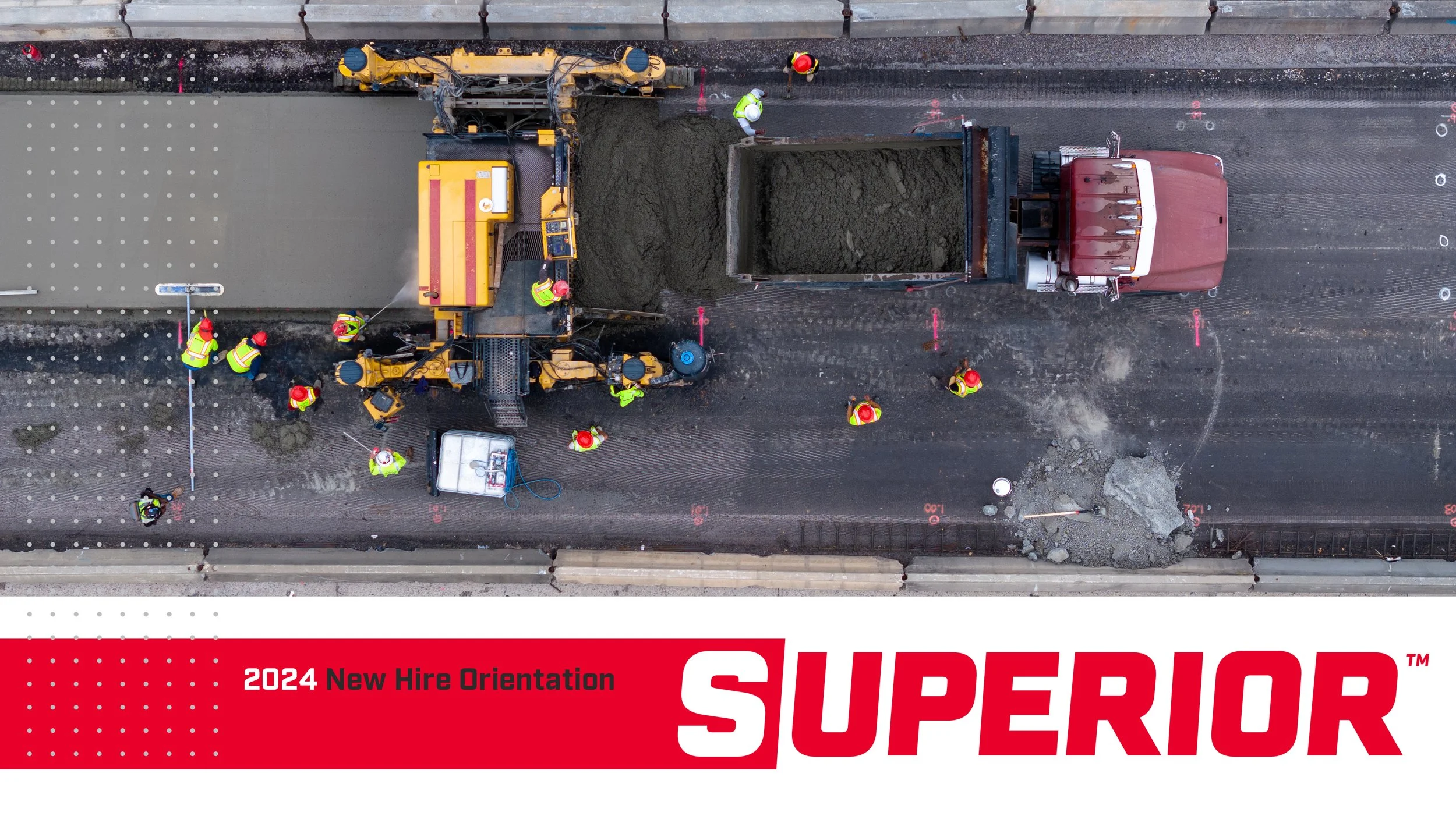 Superior Construction new hire orientation cover, an aerial view of a road crew above the Superior logo