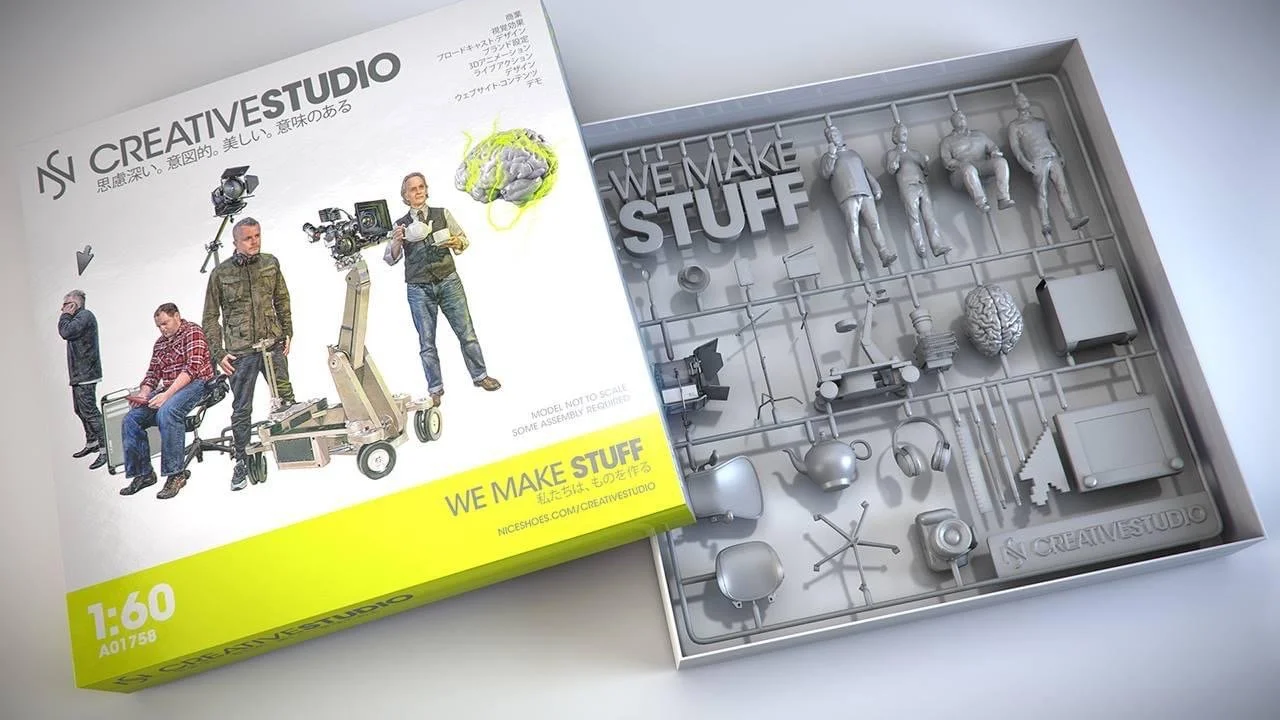 Nice Shoes Creative Studio branding, a model kit box and plastic parts sprue reading We Make Stuff