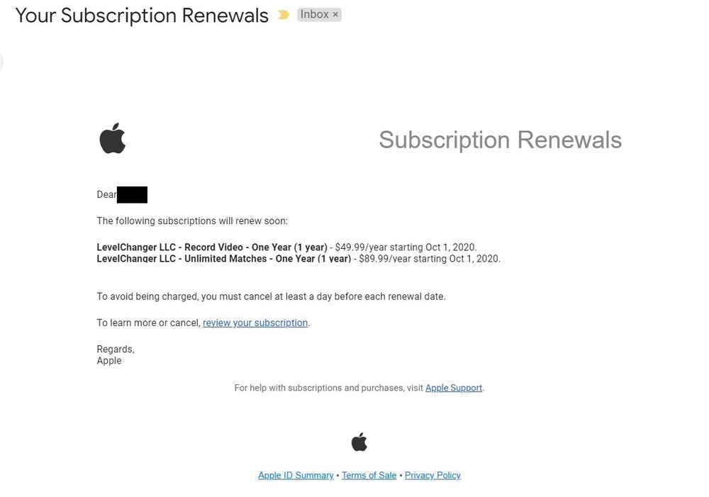 Apple's Auto-Renewal Notice -- Here's What it Looks Like | LevelChanger