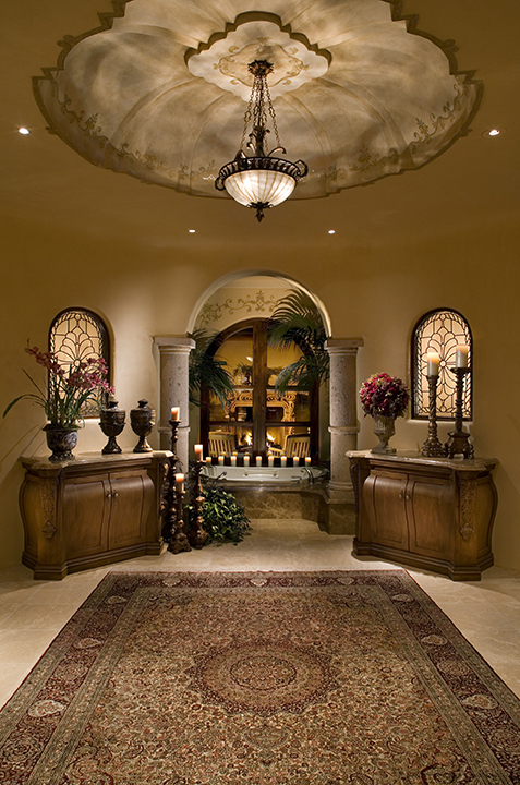 Master Bathroom With Three Vanities, Two Showers, Custom Bombay Front Cabinetry, And Private Courtyard With Fireplace