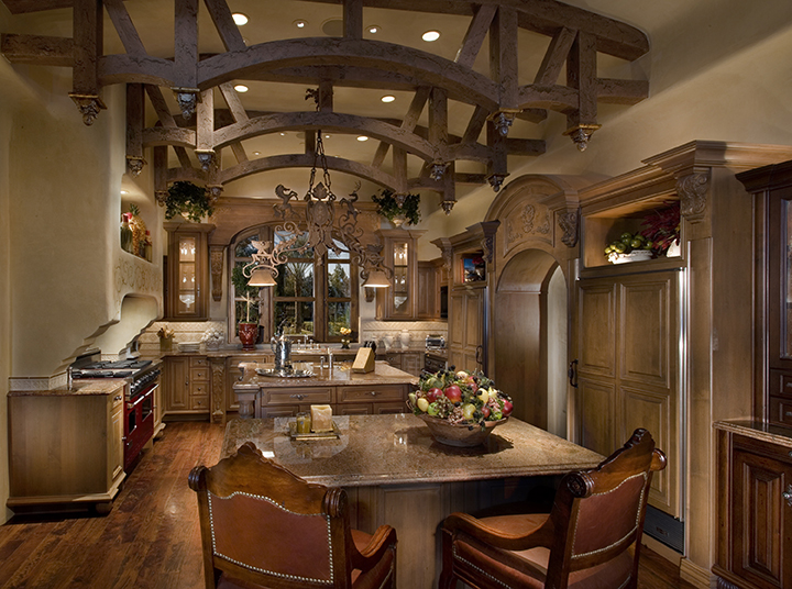 Chef's Kitchen With Two Islands & Custom Trusses