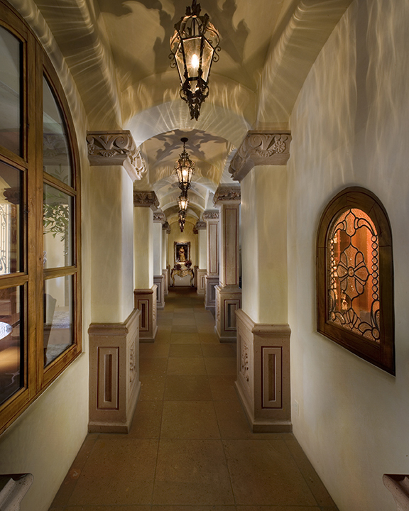 Elegant Groin Vault Gallery With Carved Cantera Accents And Leaded Glass