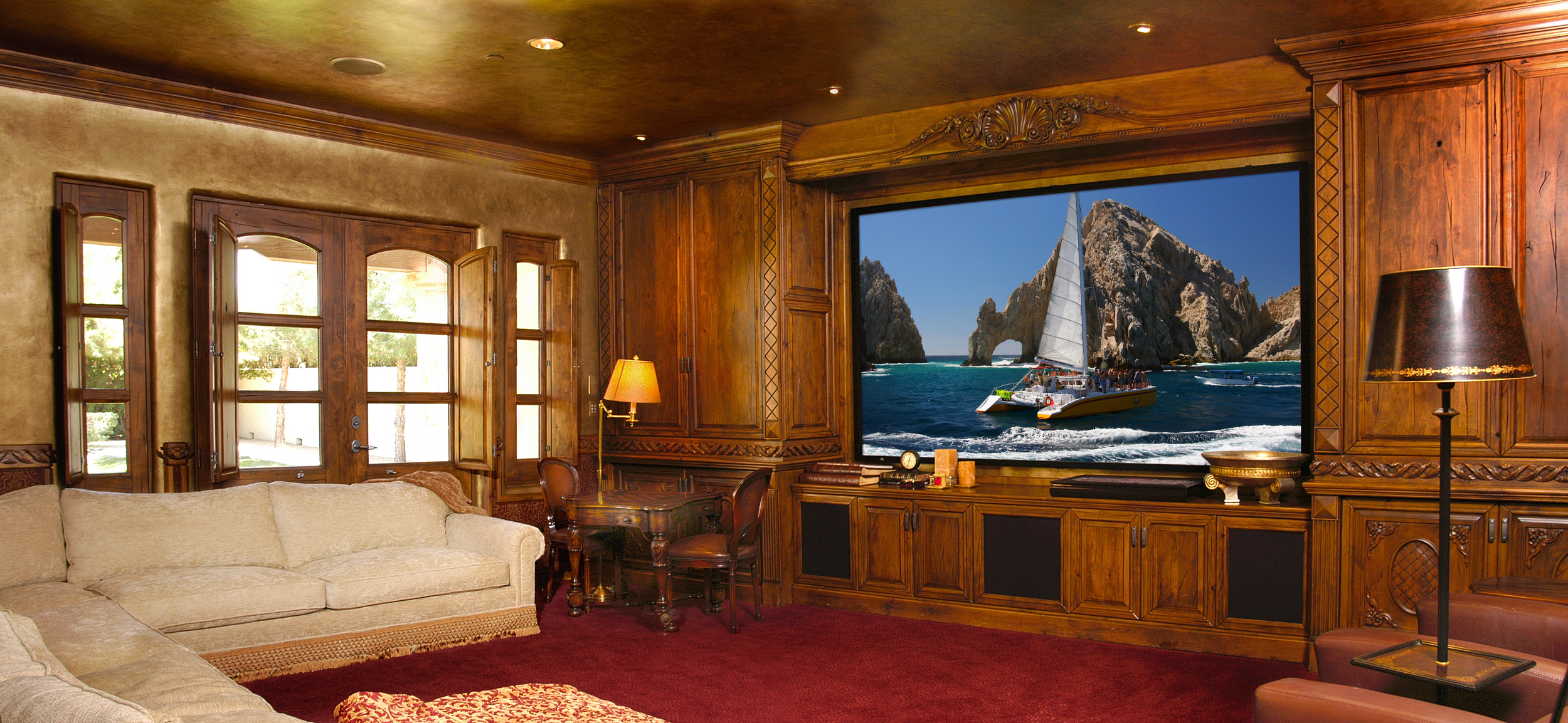 Home Theater With Custom Cabinetry and 114 Inch Viewing Screen