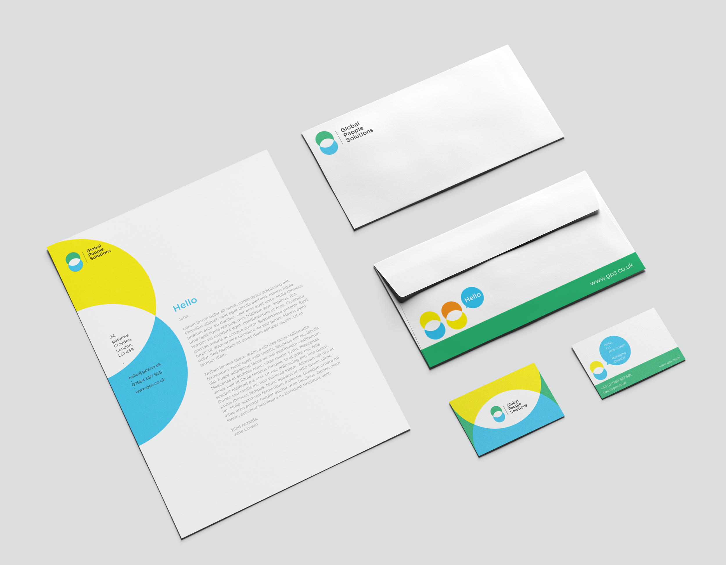 Brand consultant UK Mixture of Global People Solutions branded A4 paper, envelope and business cards